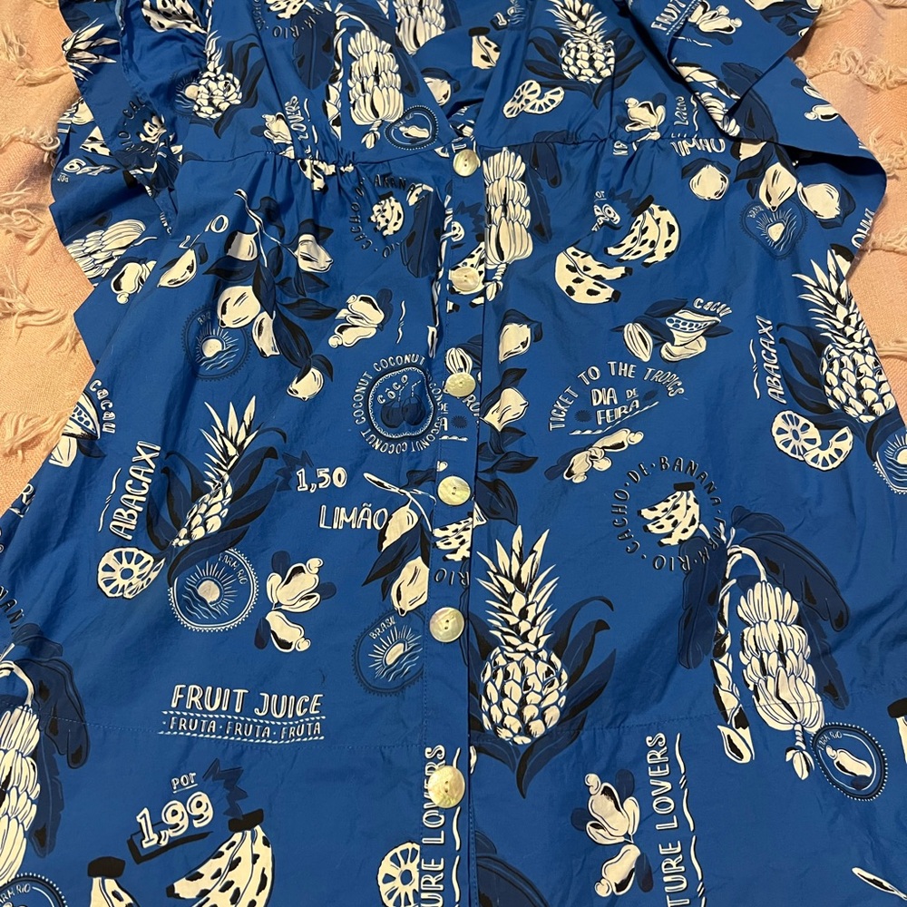 FARM Rio Blue Ruffle Sleeve Dress with White Tropical Print - Picture 6 of 7